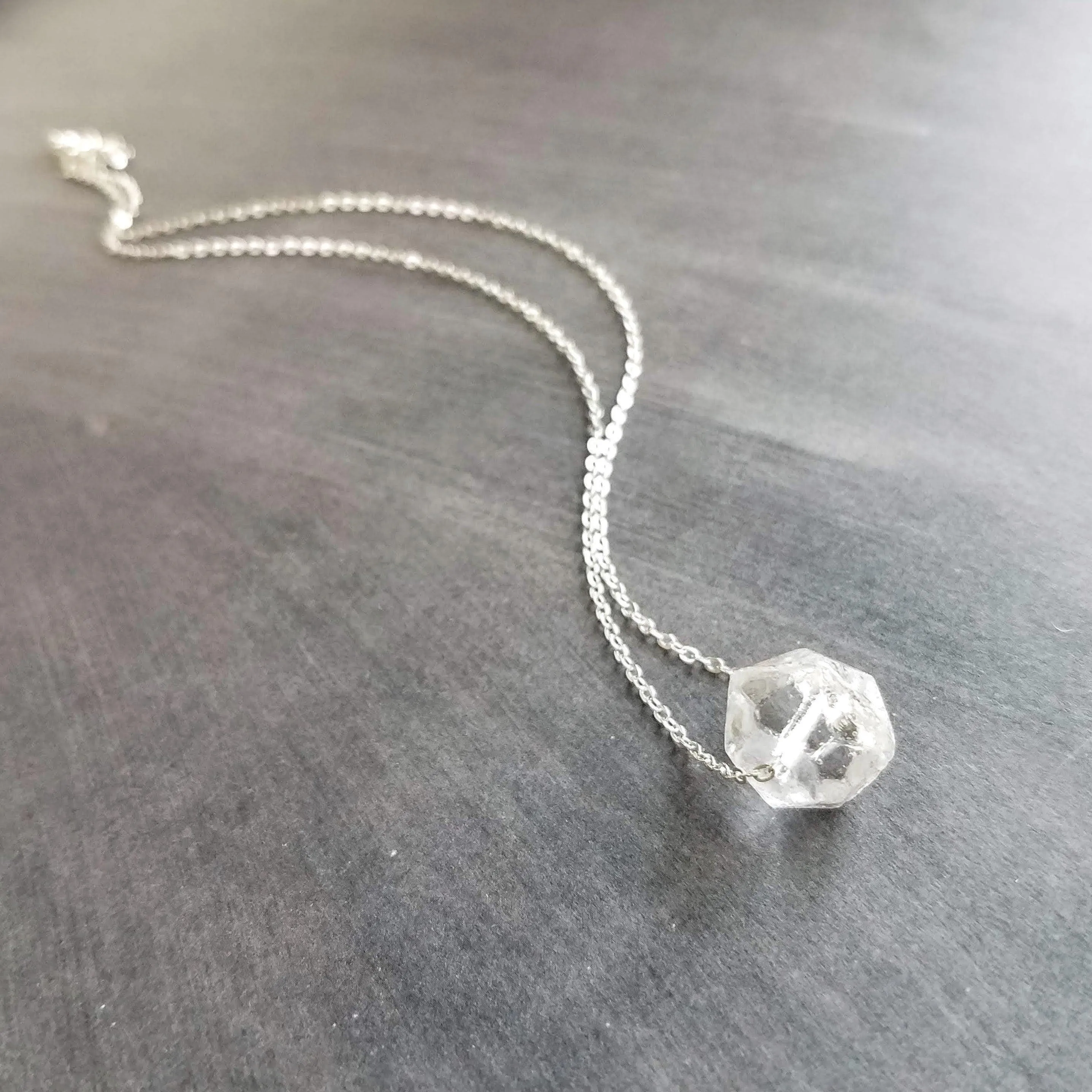 Faux Herkimer Diamond Necklace - ice quartz stone style clear glass faceted slider bead - silver plated chain - winter cool crackled cube
