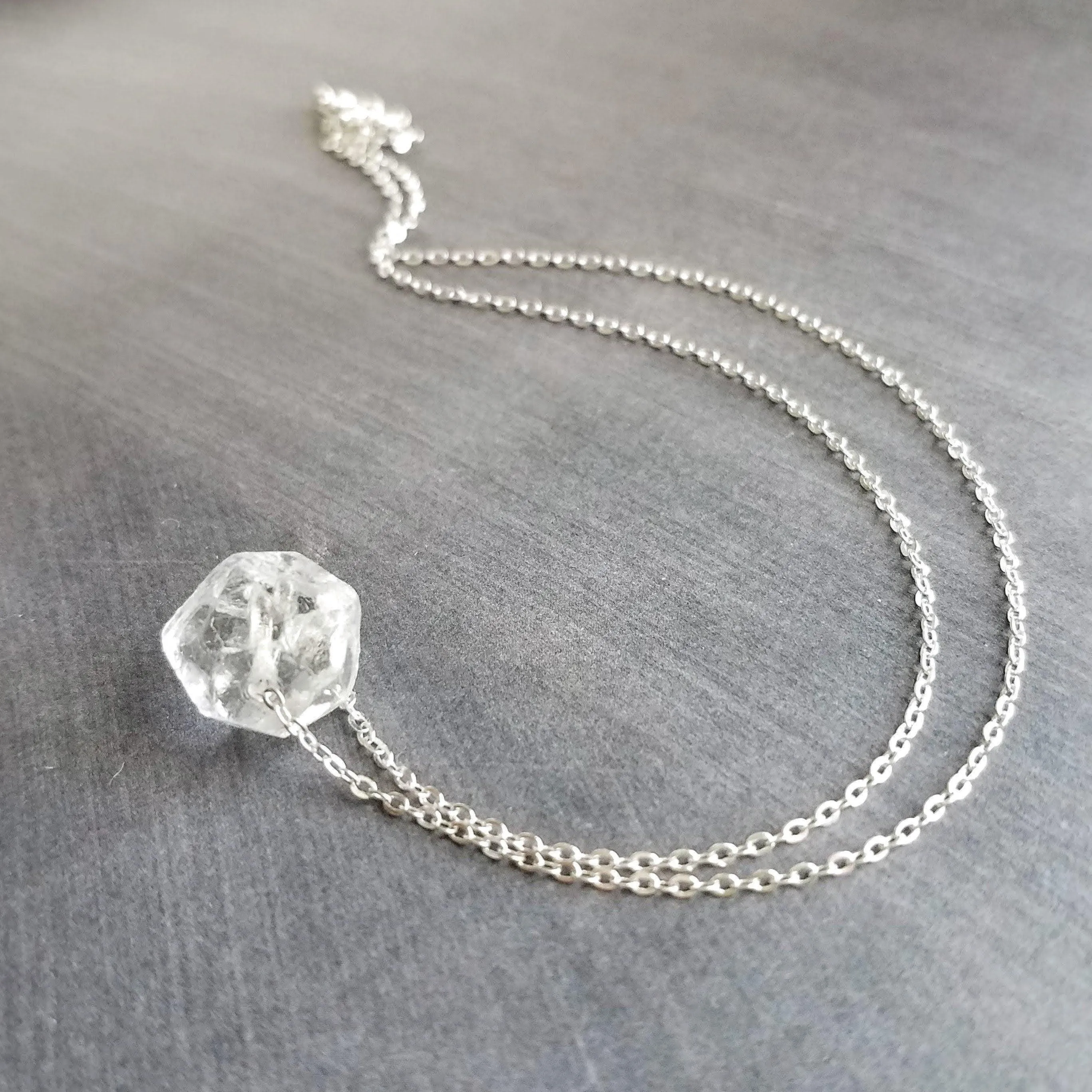 Faux Herkimer Diamond Necklace - ice quartz stone style clear glass faceted slider bead - silver plated chain - winter cool crackled cube