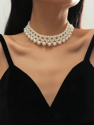 Faux Pearl Layered Necklace - White