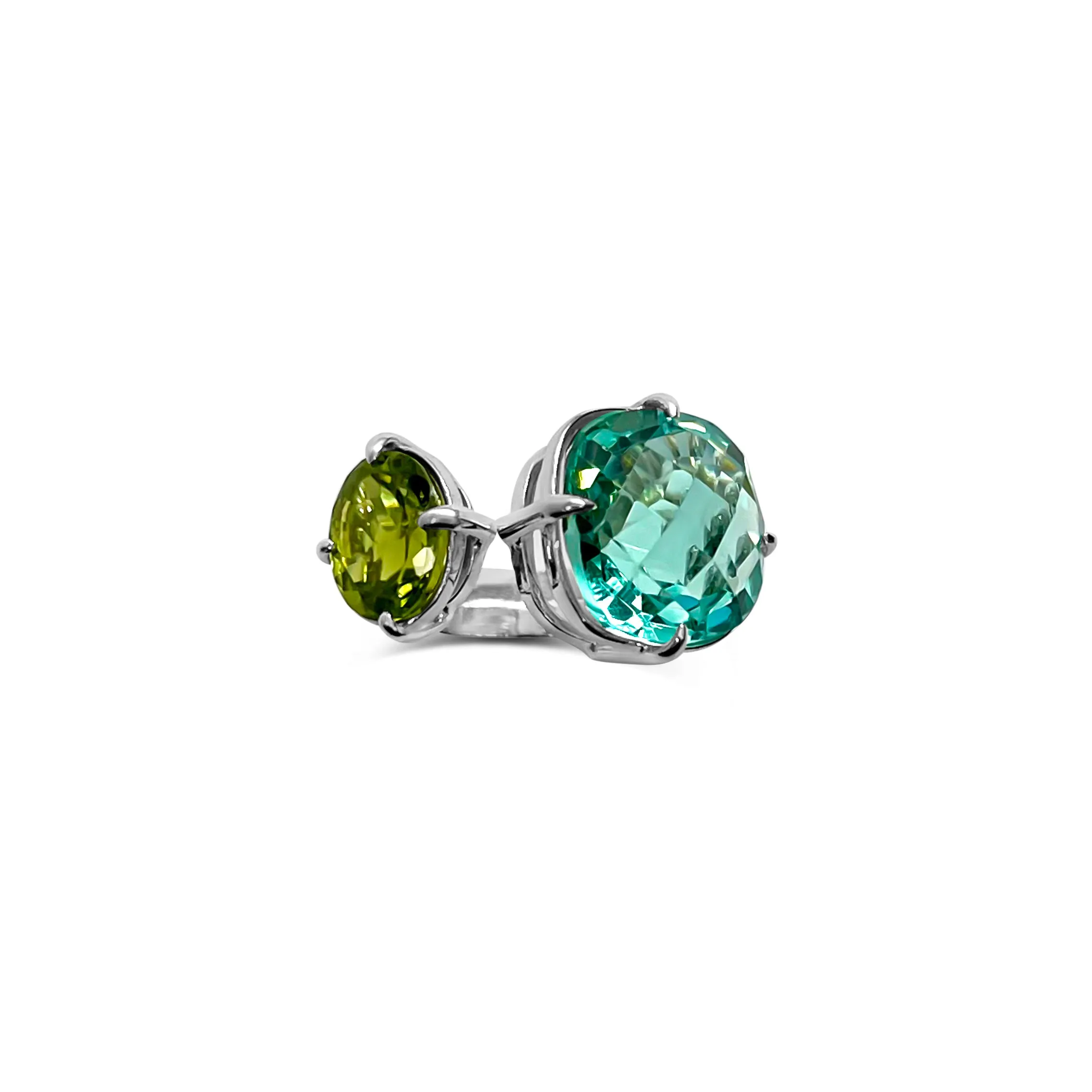 Floating Peridot and Aqua Quartz Ring