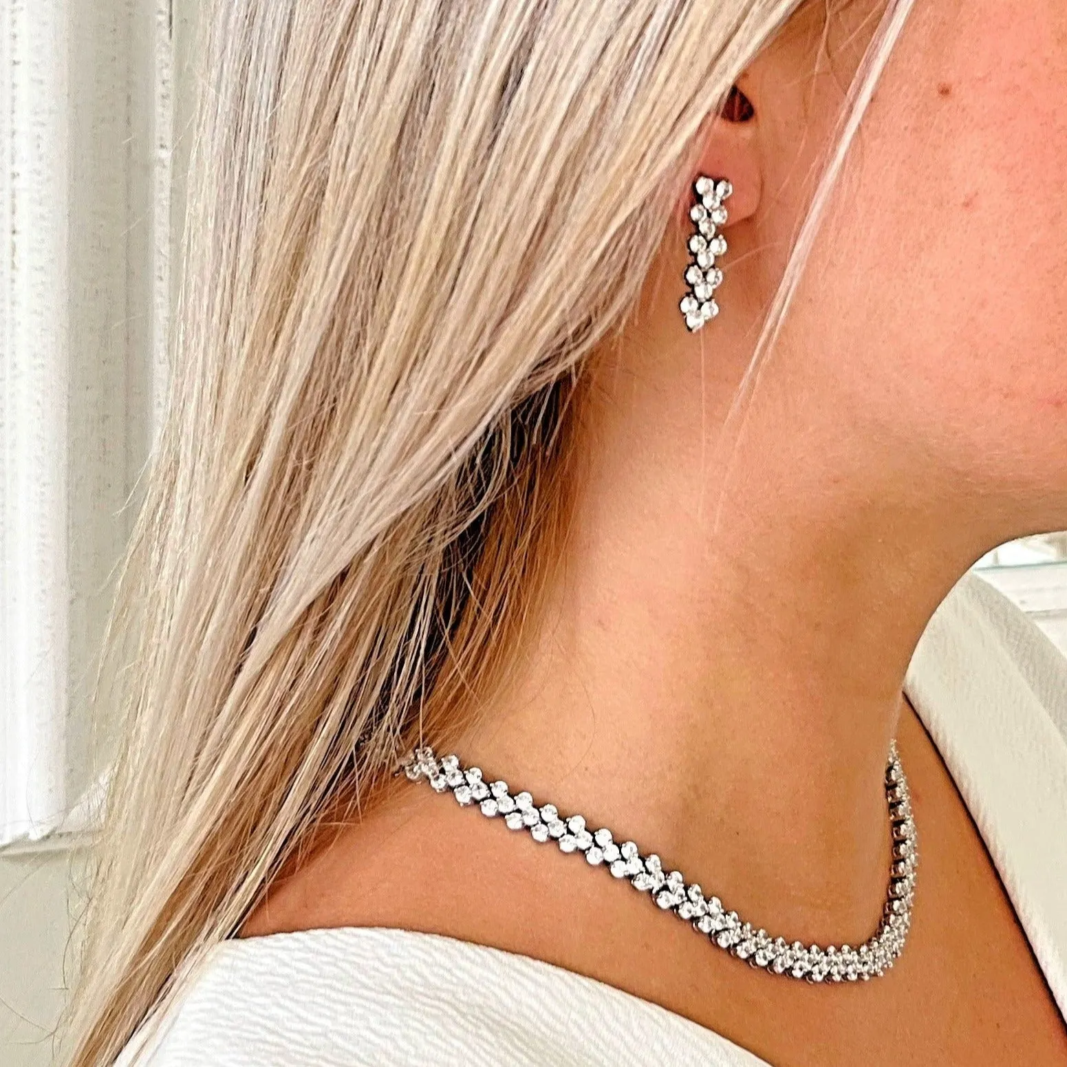 Florence Silver Plated & Cubic Zirconia Necklace & Drop Dangle Earring Set