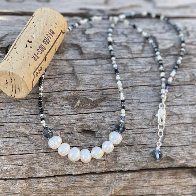 Freshwater pearl bib necklace with crystals and seed beads