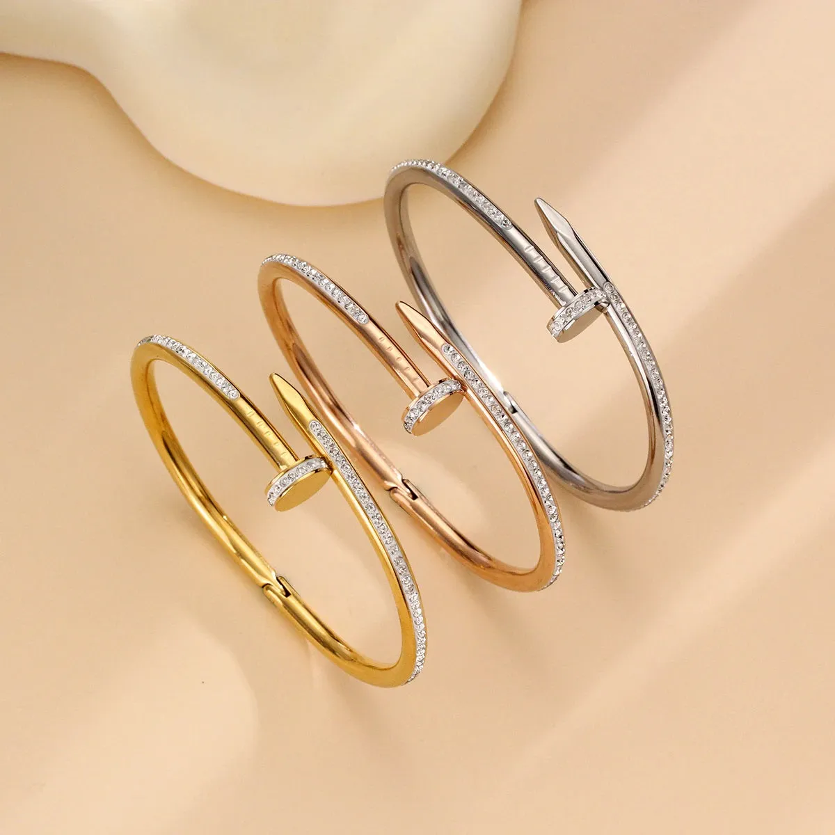 Glamorous 18k Gold-Plated Stainless Steel Bangle Bracelet for Women - Full Cubic Zircon Nail Accents, Anti-Tarnish, and Studded Design