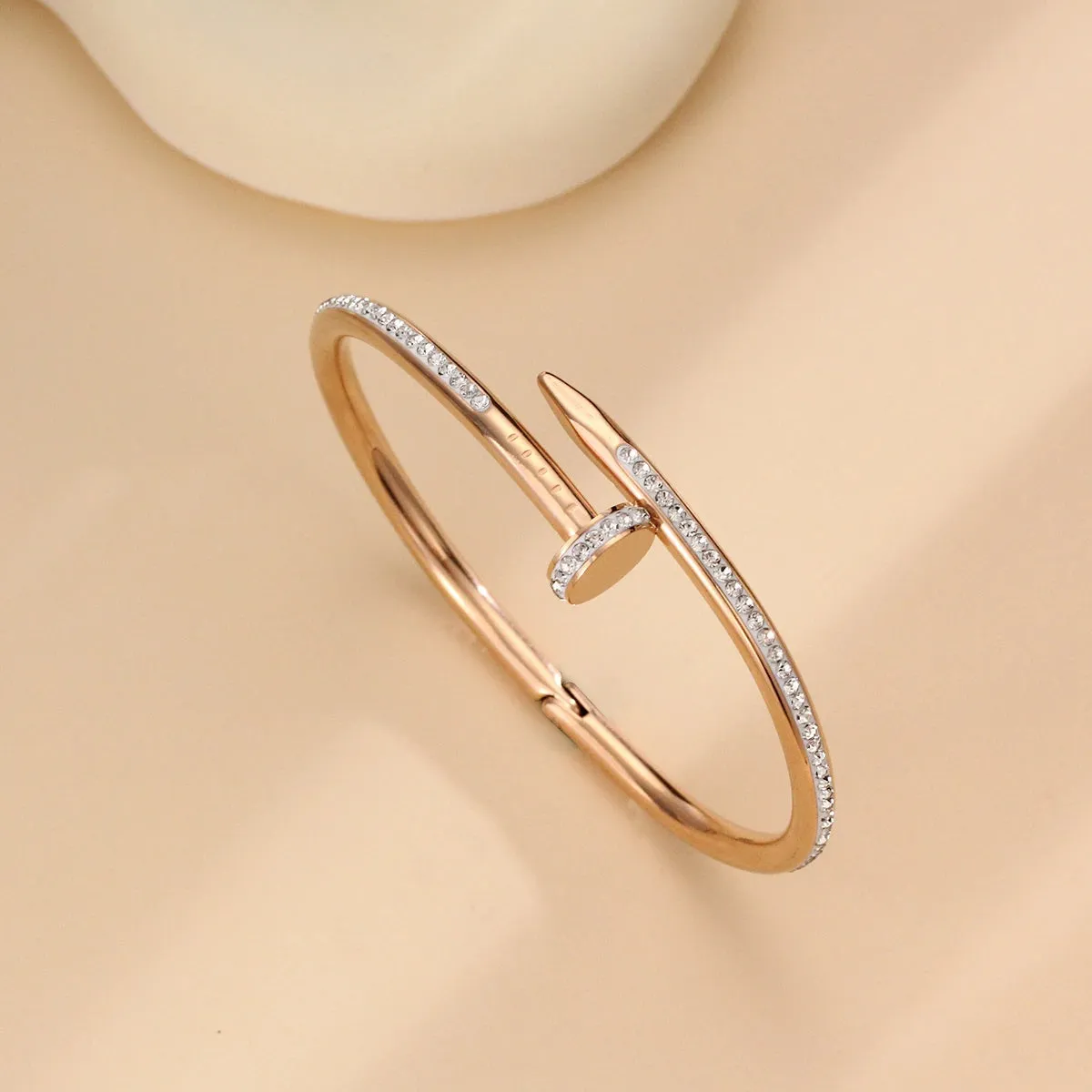 Glamorous 18k Gold-Plated Stainless Steel Bangle Bracelet for Women - Full Cubic Zircon Nail Accents, Anti-Tarnish, and Studded Design