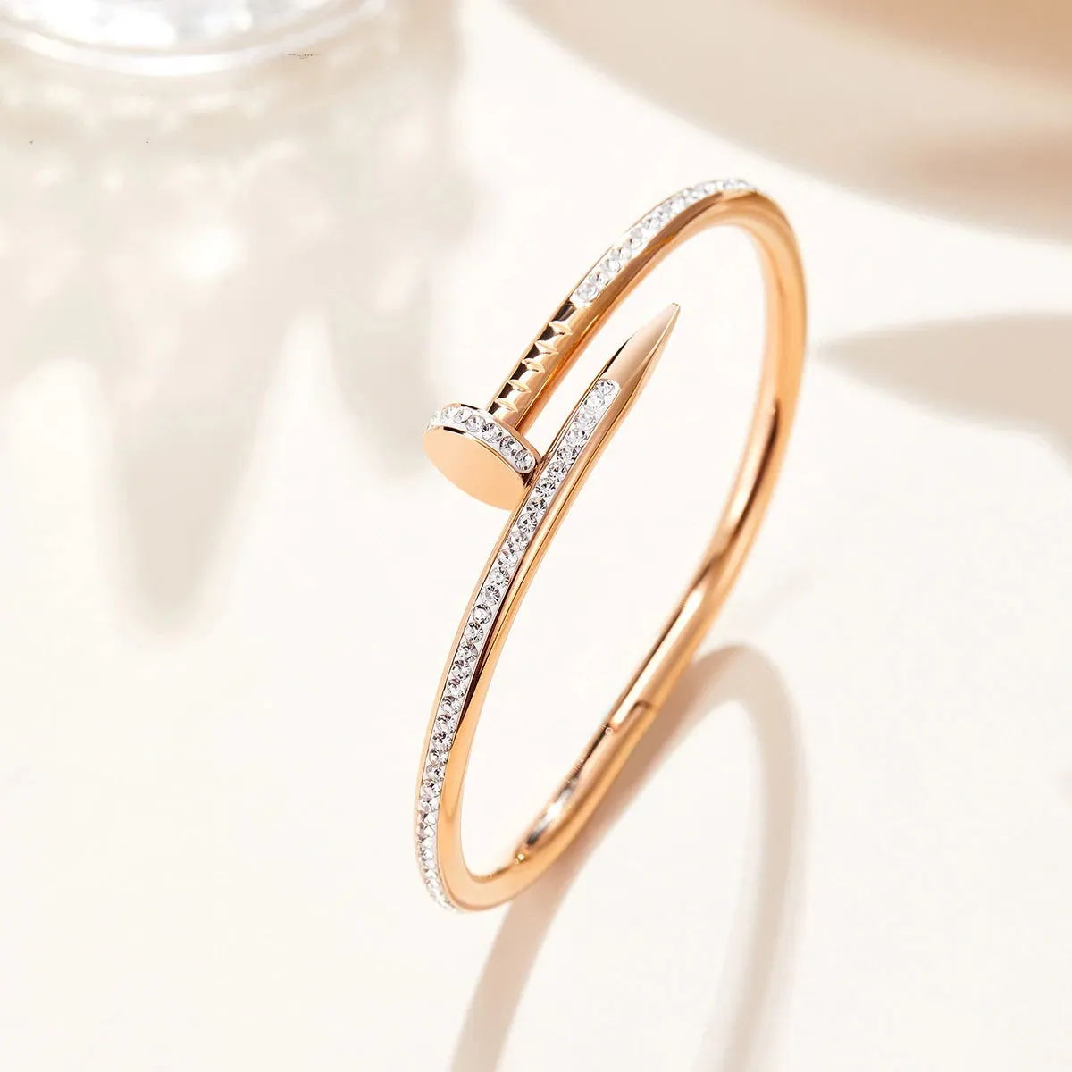 Glamorous 18k Gold-Plated Stainless Steel Bangle Bracelet for Women - Full Cubic Zircon Nail Accents, Anti-Tarnish, and Studded Design