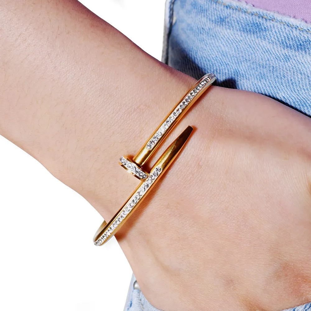 Glamorous 18k Gold-Plated Stainless Steel Bangle Bracelet for Women - Full Cubic Zircon Nail Accents, Anti-Tarnish, and Studded Design