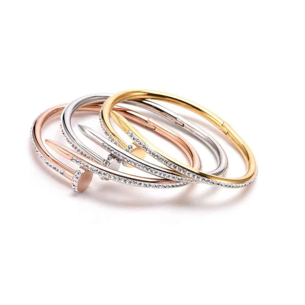Glamorous 18k Gold-Plated Stainless Steel Bangle Bracelet for Women - Full Cubic Zircon Nail Accents, Anti-Tarnish, and Studded Design
