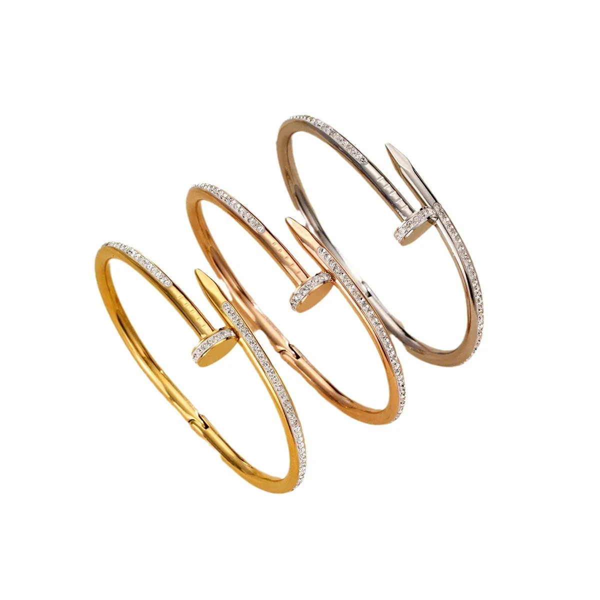 Glamorous 18k Gold-Plated Stainless Steel Bangle Bracelet for Women - Full Cubic Zircon Nail Accents, Anti-Tarnish, and Studded Design