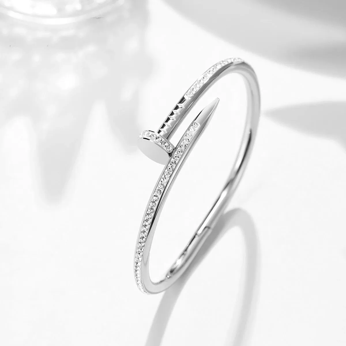 Glamorous 18k Gold-Plated Stainless Steel Bangle Bracelet for Women - Full Cubic Zircon Nail Accents, Anti-Tarnish, and Studded Design