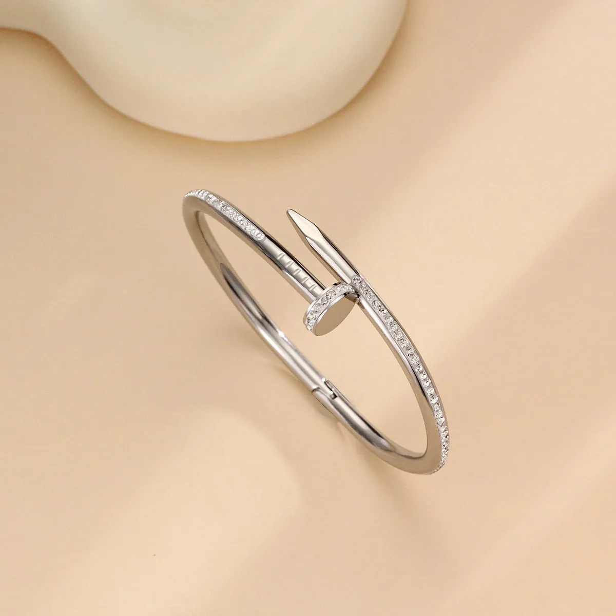 Glamorous 18k Gold-Plated Stainless Steel Bangle Bracelet for Women - Full Cubic Zircon Nail Accents, Anti-Tarnish, and Studded Design