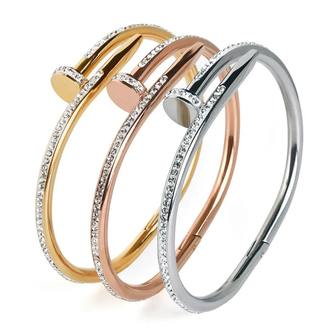 Glamorous 18k Gold-Plated Stainless Steel Bangle Bracelet for Women - Full Cubic Zircon Nail Accents, Anti-Tarnish, and Studded Design