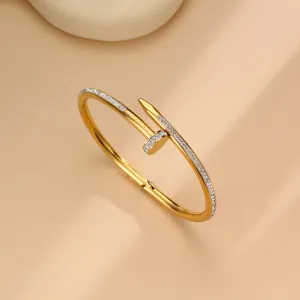 Glamorous 18k Gold-Plated Stainless Steel Bangle Bracelet for Women - Full Cubic Zircon Nail Accents, Anti-Tarnish, and Studded Design