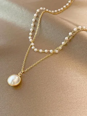 Glamorous Stainless Steel Faux Pearl Decor Layered Necklace