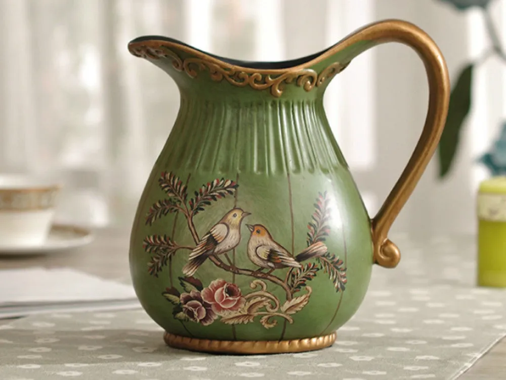 Green Love Birds Ceramic Vase and Canister Set – Olive Green Ceramic with Hand-Painted Love Birds Design