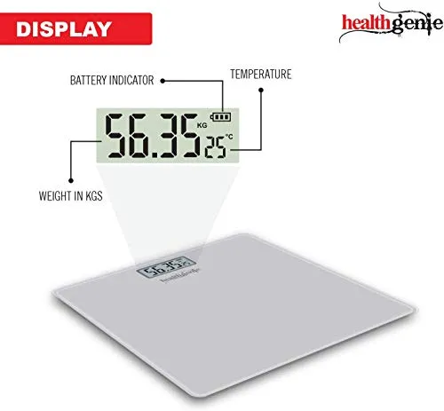 Healthgenie Thick Tempered Glass Lcd Display Digital Weighing Machine , Weight Machine For Human Body Digital Weighing Scale, Weight Scale, with 2 Year Warranty & Batteries Included (Silver)