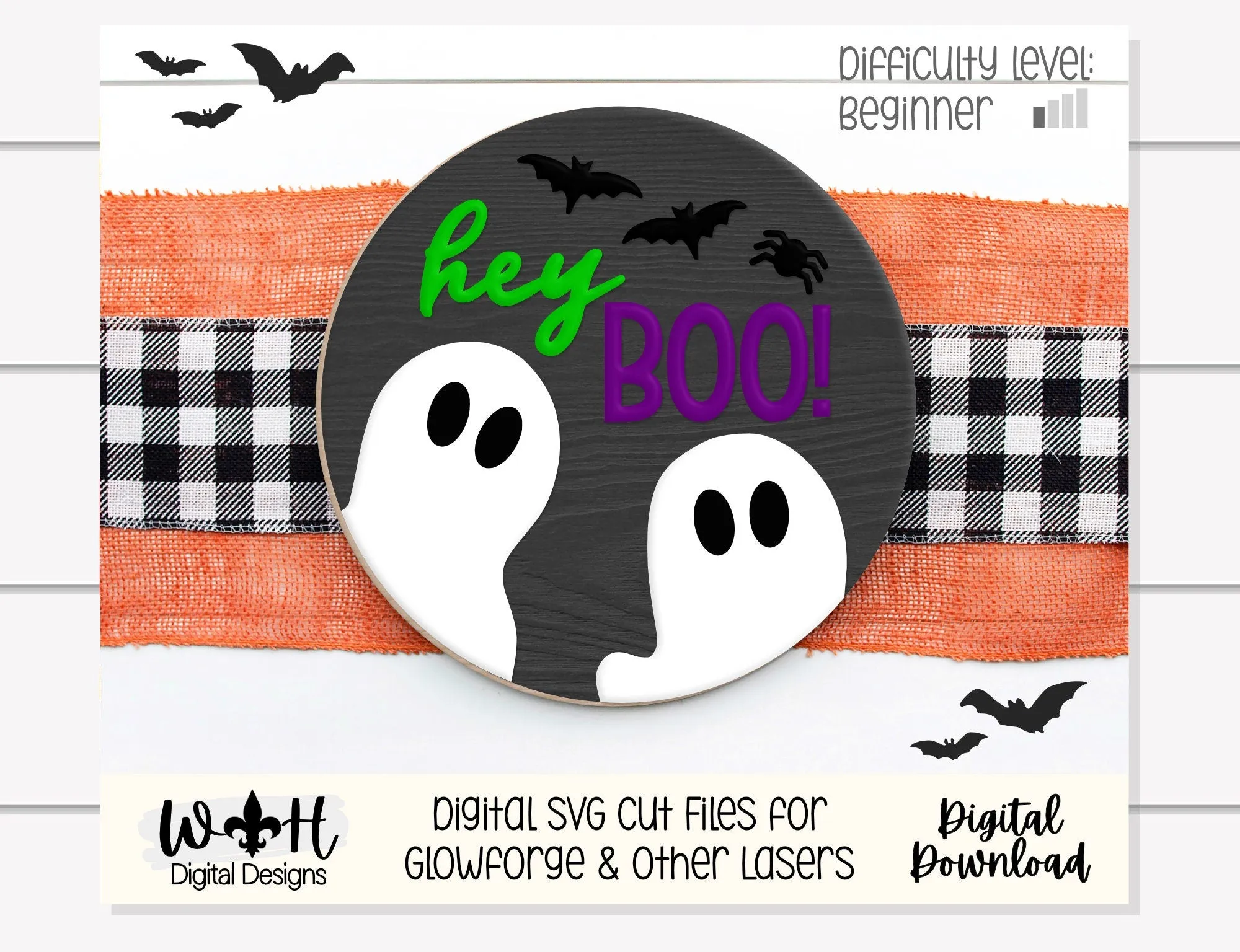 Hey Boo Ghost and Bats Halloween Round - Seasonal Sign Making and DIY Kits - Cut File For Glowforge Lasers - Digital SVG File
