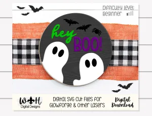 Hey Boo Ghost and Bats Halloween Round - Seasonal Sign Making and DIY Kits - Cut File For Glowforge Lasers - Digital SVG File
