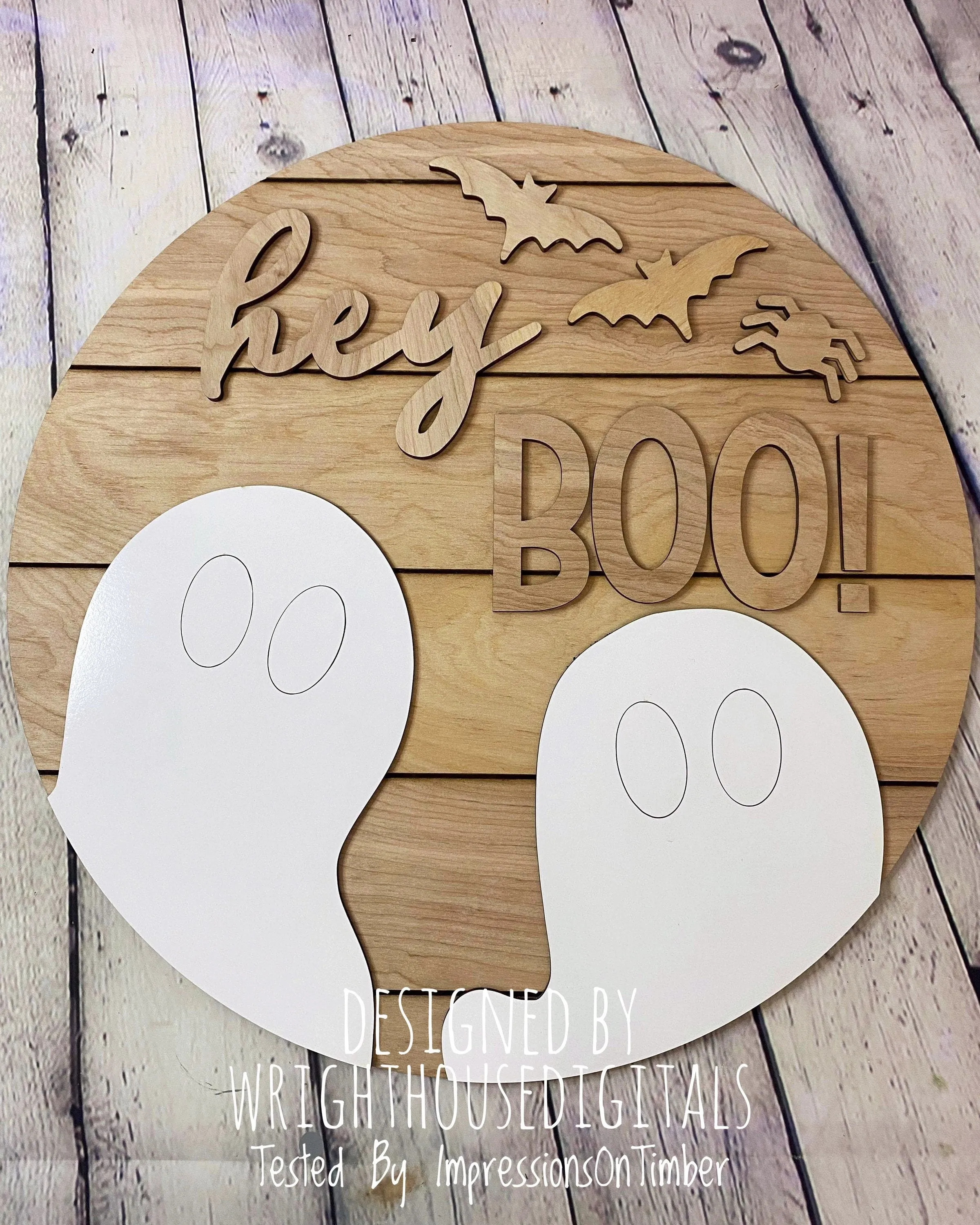 Hey Boo Ghost and Bats Halloween Round - Seasonal Sign Making and DIY Kits - Cut File For Glowforge Lasers - Digital SVG File