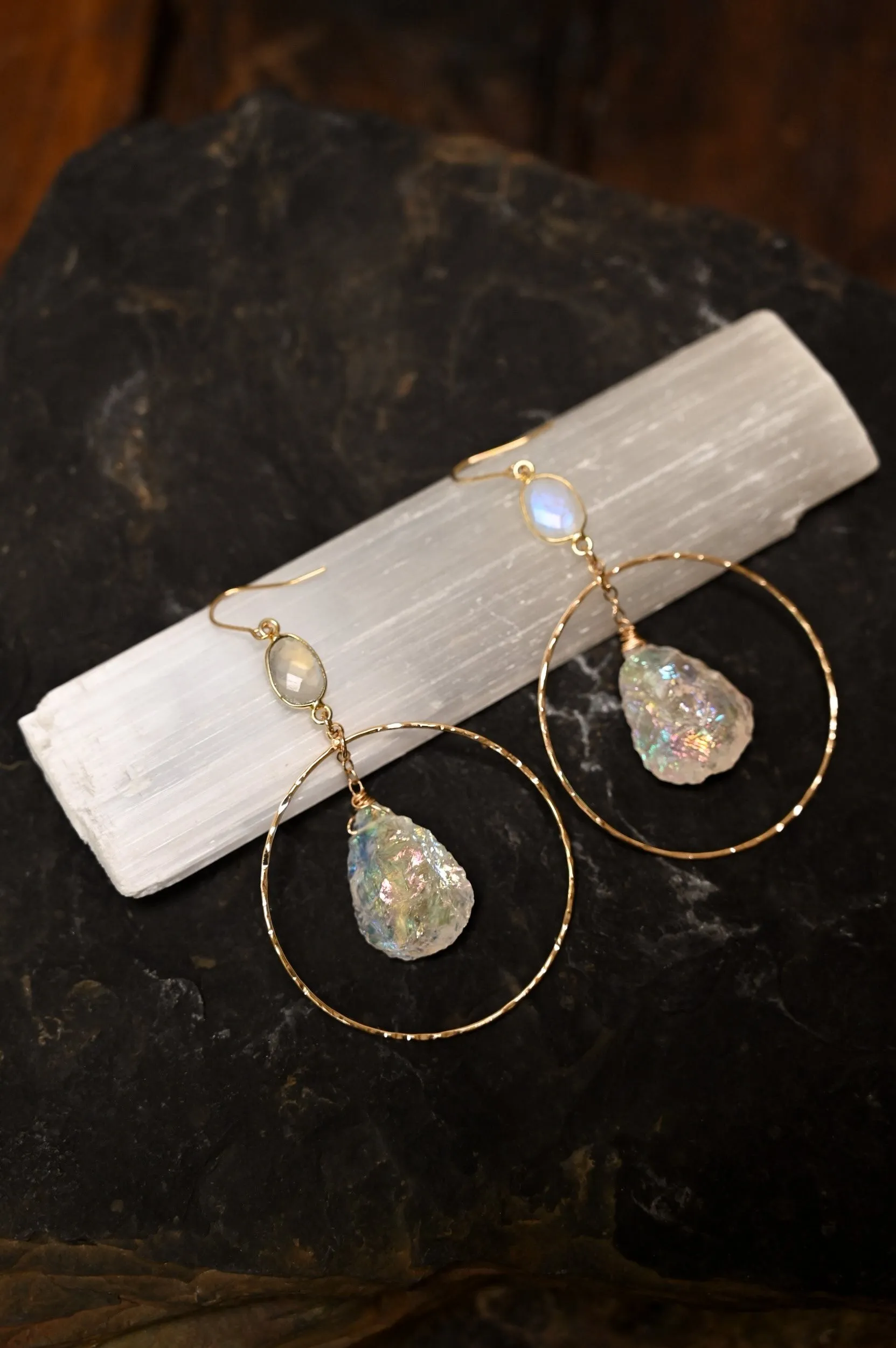 Higher Power Moonstone & Angel Aura Quartz Gold Hoops