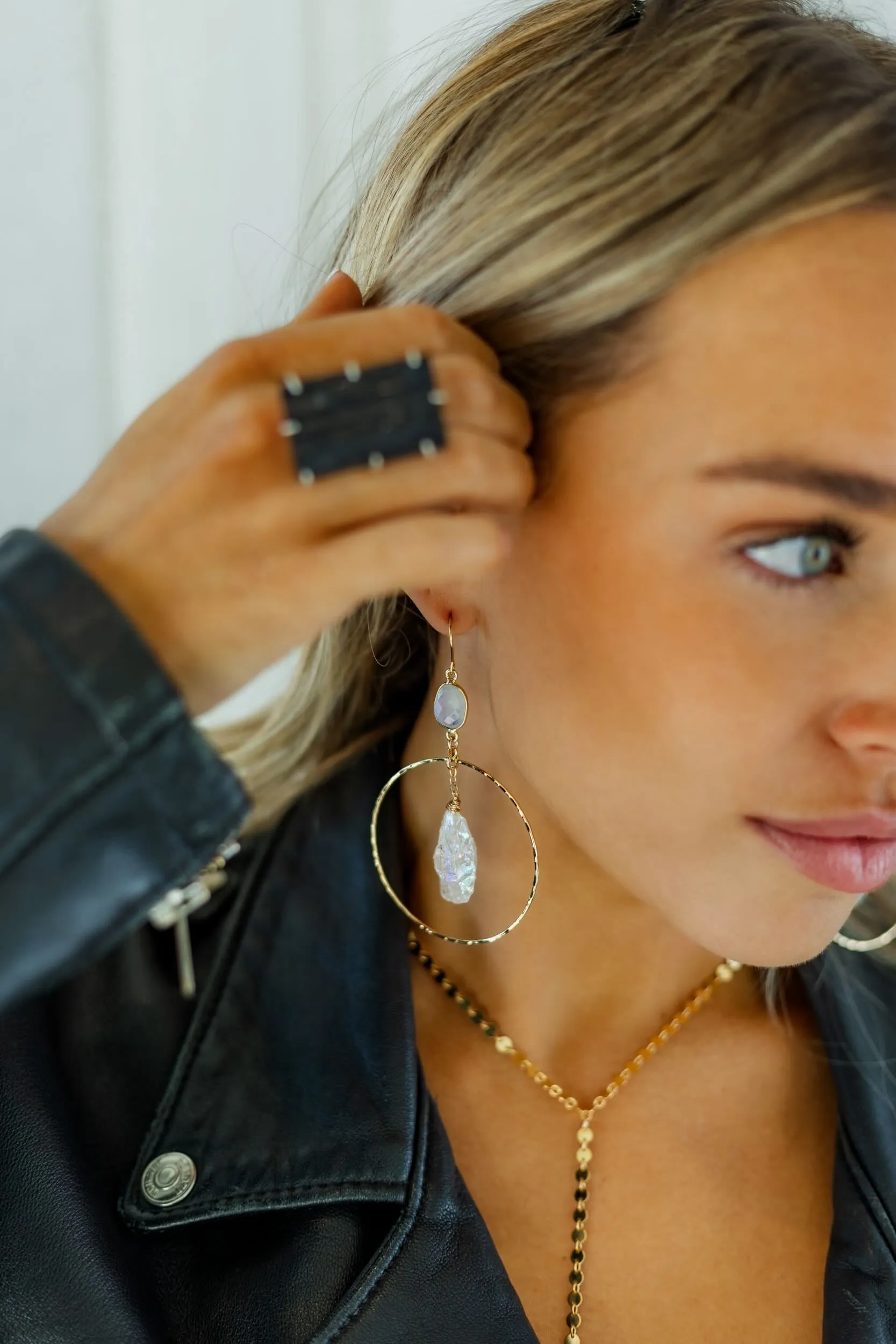 Higher Power Moonstone & Angel Aura Quartz Gold Hoops