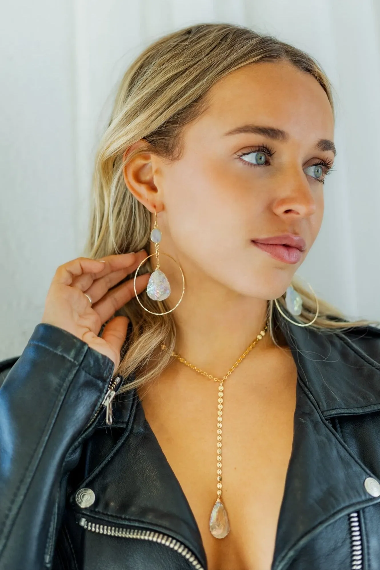 Higher Power Moonstone & Angel Aura Quartz Gold Hoops