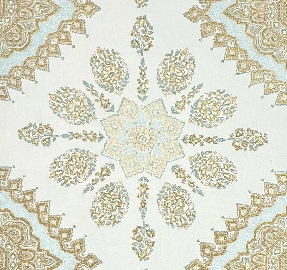 Home Couture Fabric: Persepolis - Custom Blue / Tobac / Taupe on Cream 100% Linen