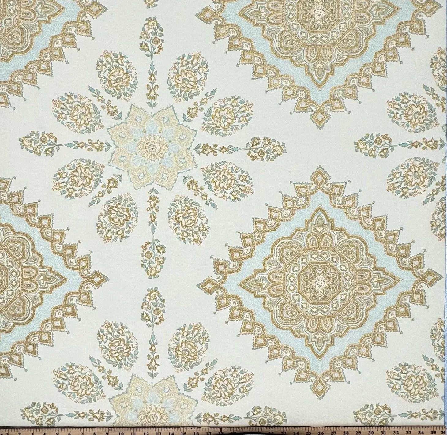Home Couture Fabric: Persepolis - Custom Blue / Tobac / Taupe on Cream 100% Linen