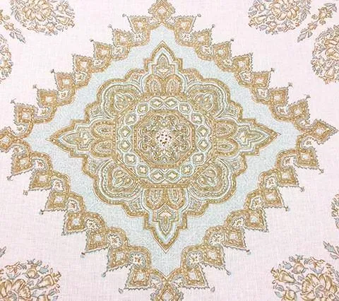 Home Couture Fabric: Persepolis - Custom Soft Blue / Tobac / Taupe on Cream 100% Linen