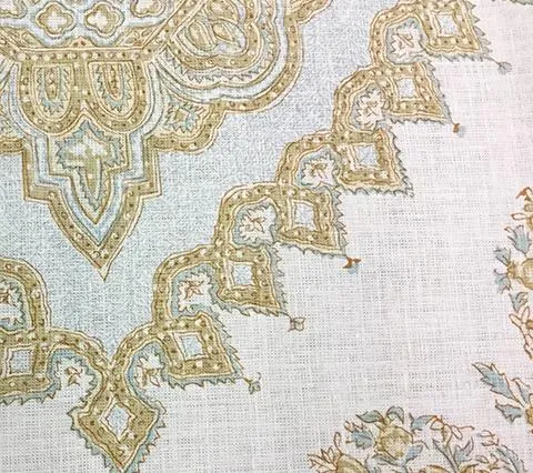Home Couture Fabric: Persepolis - Custom Soft Blue / Tobac / Taupe on Cream 100% Linen