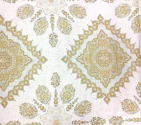 Home Couture Fabric: Persepolis - Custom Soft Blue / Tobac / Taupe on Cream 100% Linen