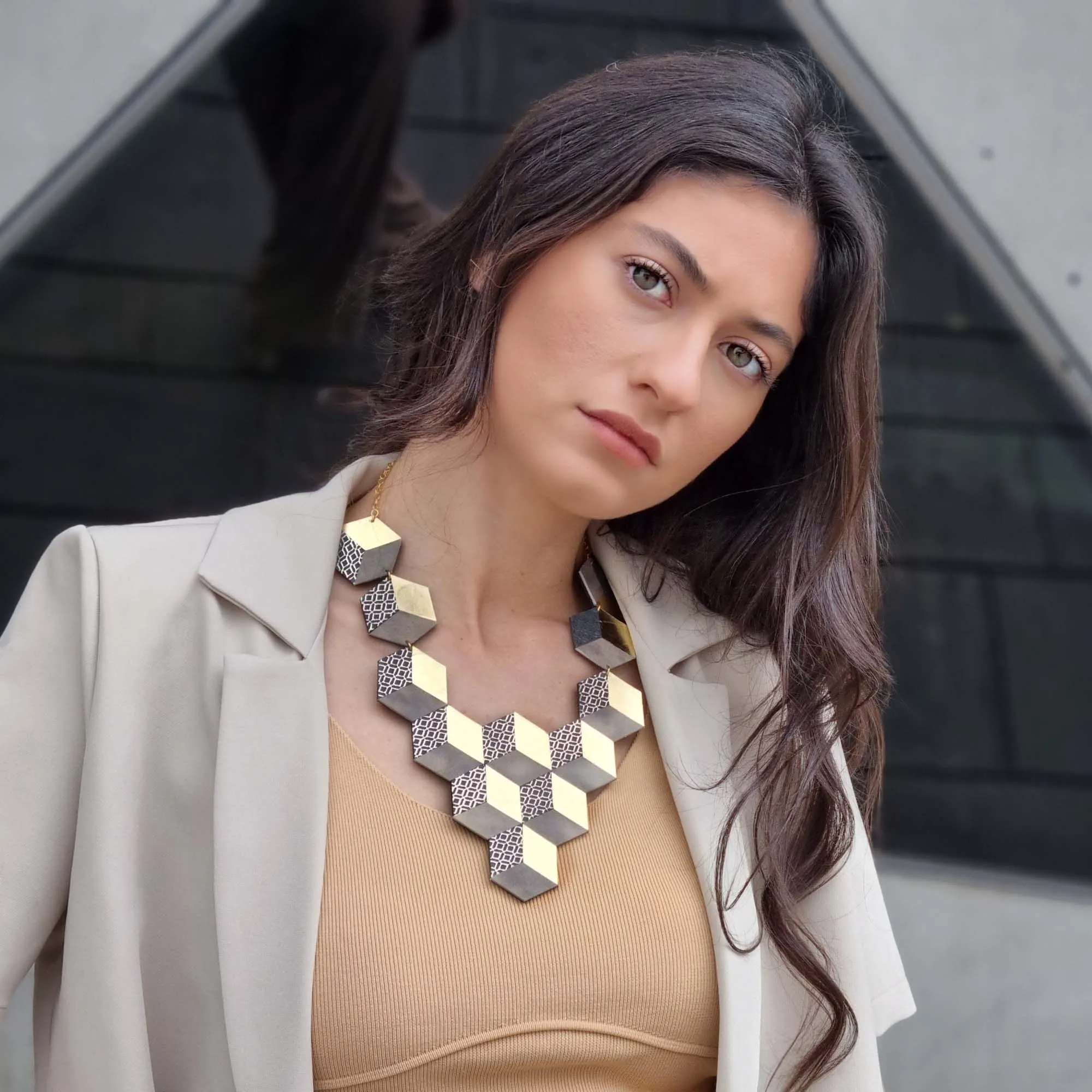 Jeanne Darc gold statement leather necklace