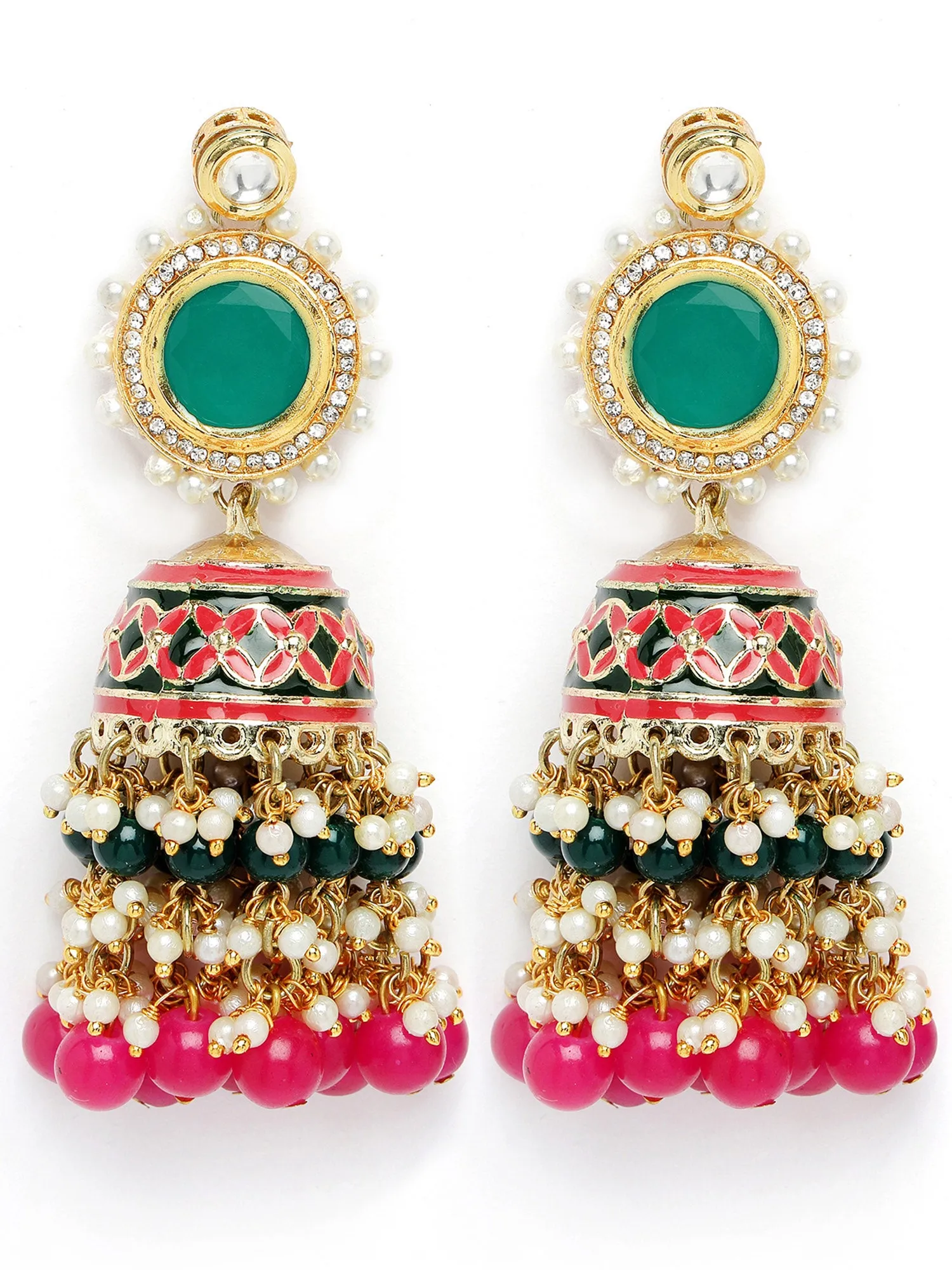 Karatcart Gold Plated Green and Pink Meena Polki Kundan Jhumki Earrings for Women