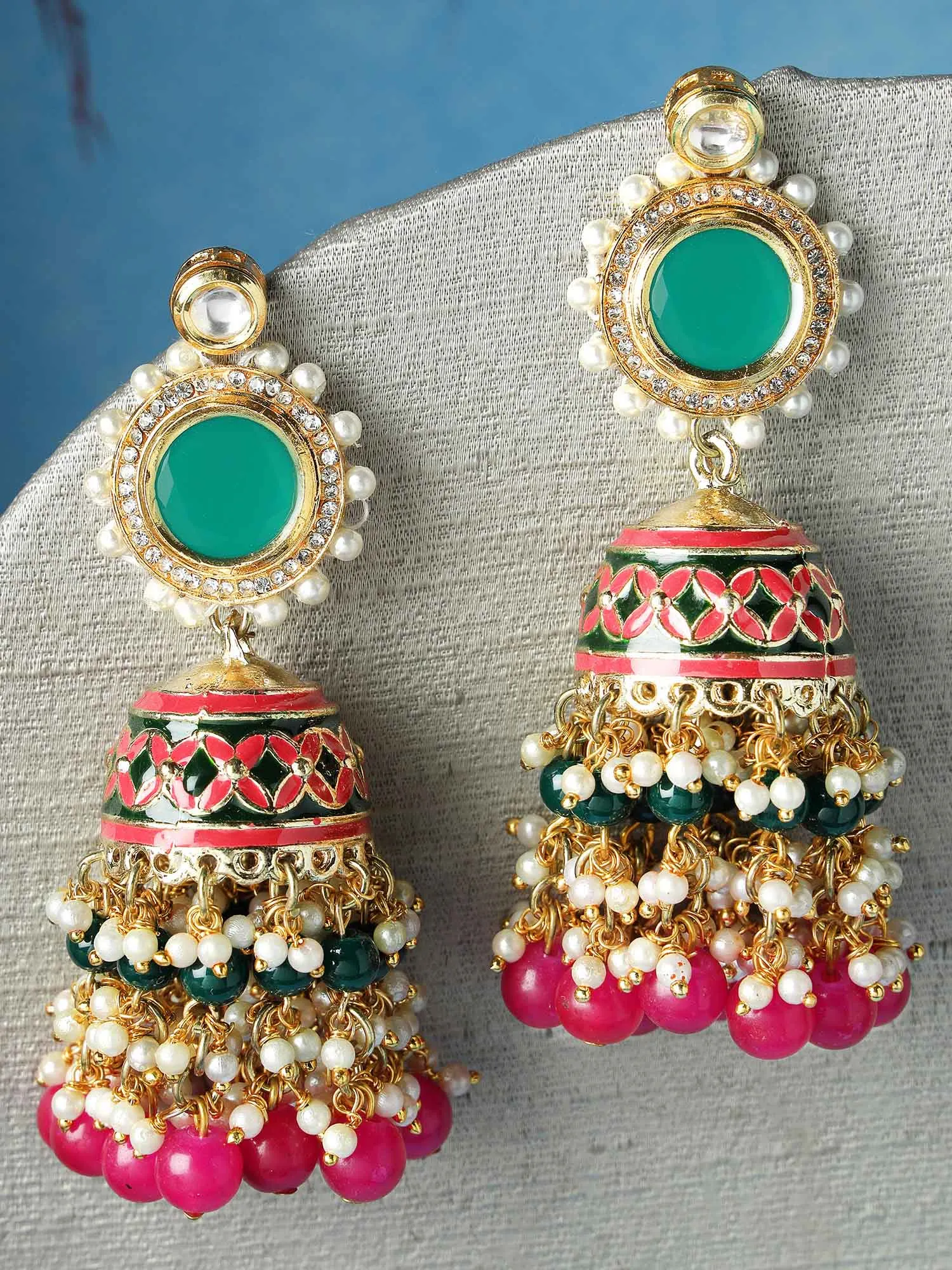 Karatcart Gold Plated Green and Pink Meena Polki Kundan Jhumki Earrings for Women