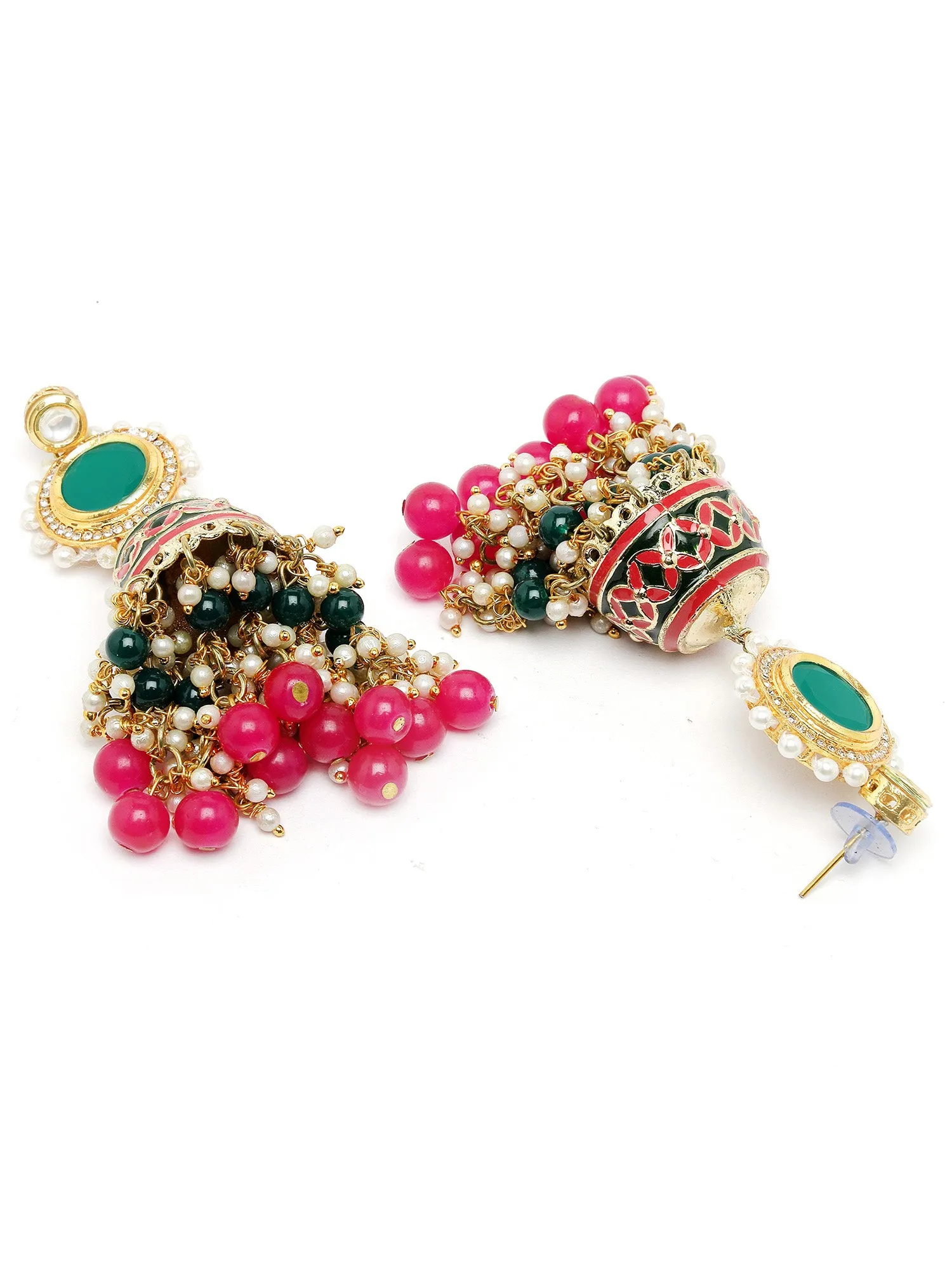 Karatcart Gold Plated Green and Pink Meena Polki Kundan Jhumki Earrings for Women