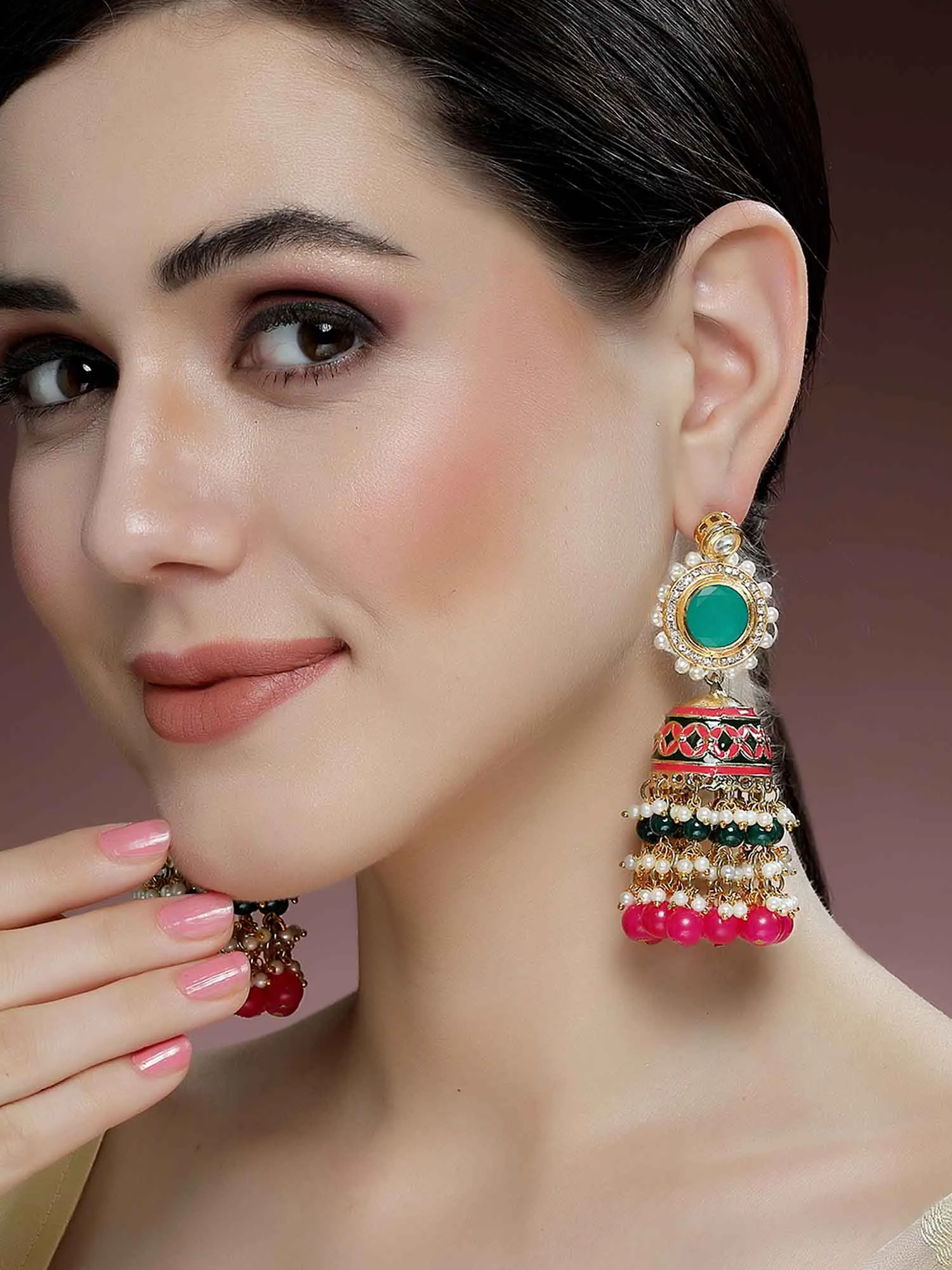 Karatcart Gold Plated Green and Pink Meena Polki Kundan Jhumki Earrings for Women