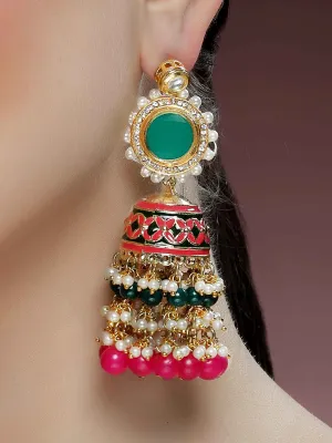 Karatcart Gold Plated Green and Pink Meena Polki Kundan Jhumki Earrings for Women