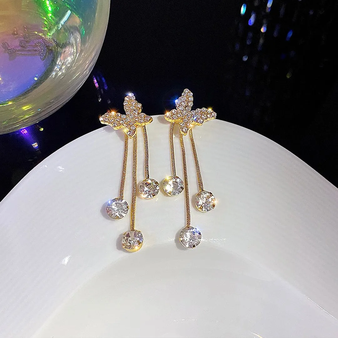 Korean Studded Butterfly Tassel Earrings 2 Pcs/Set