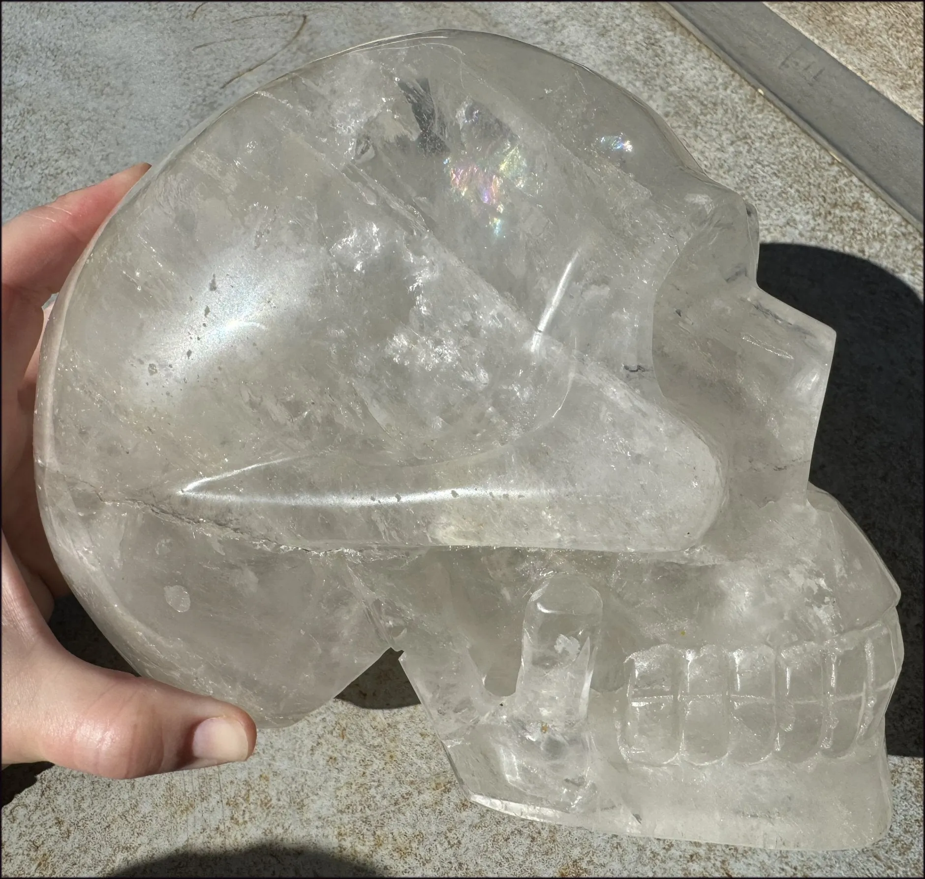 LifeSize Himalayan Quartz Crystal Skull with Multi-Colored Hematite, Shimmery Rainbows - 11lbs 