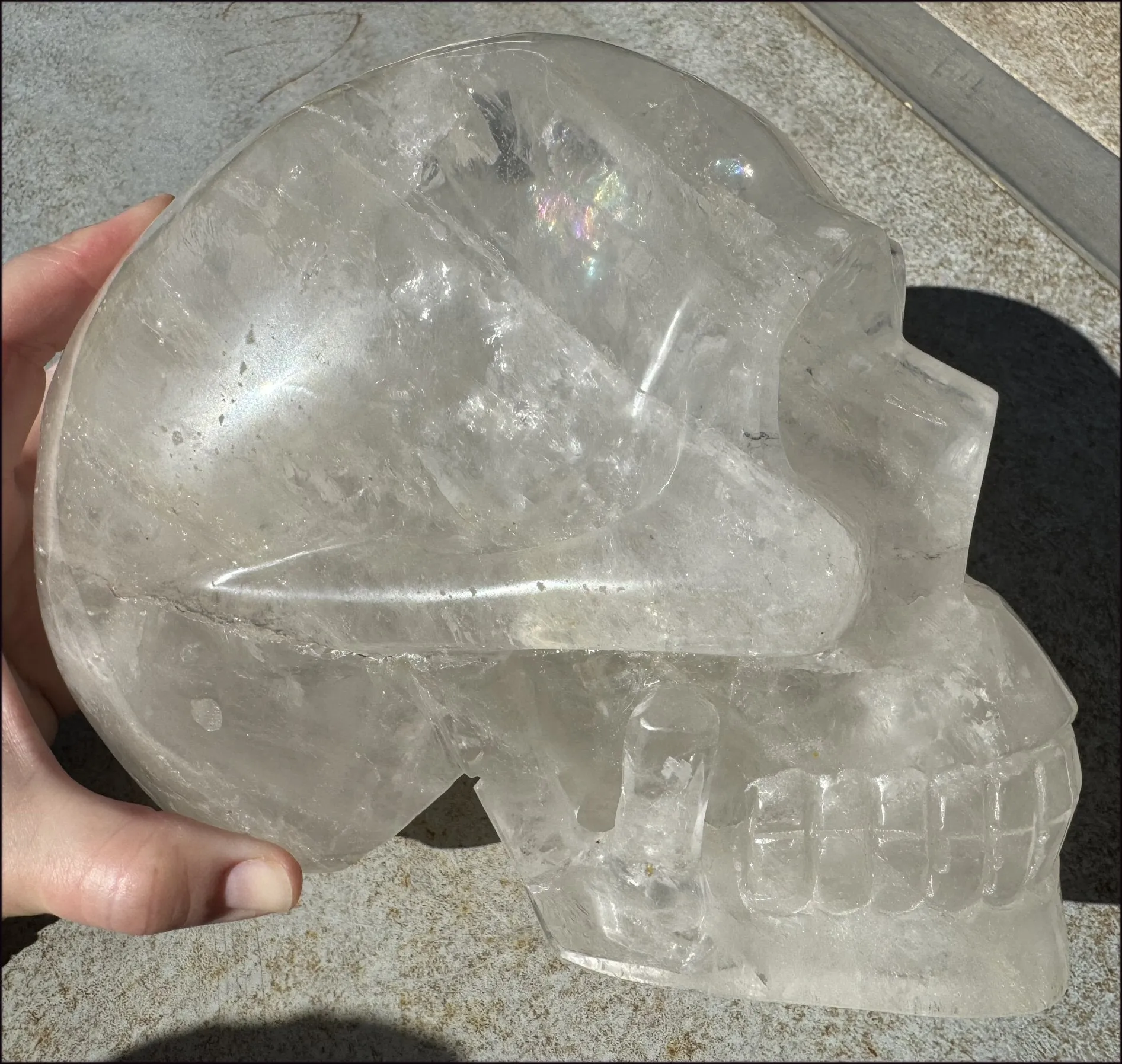 LifeSize Himalayan Quartz Crystal Skull with Multi-Colored Hematite, Shimmery Rainbows - 11lbs 