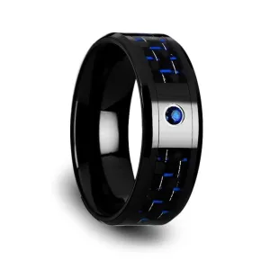 Men's Ceramic Ring With Black & Blue Carbon Fiber And Blue Sapphire Setting - 8mm