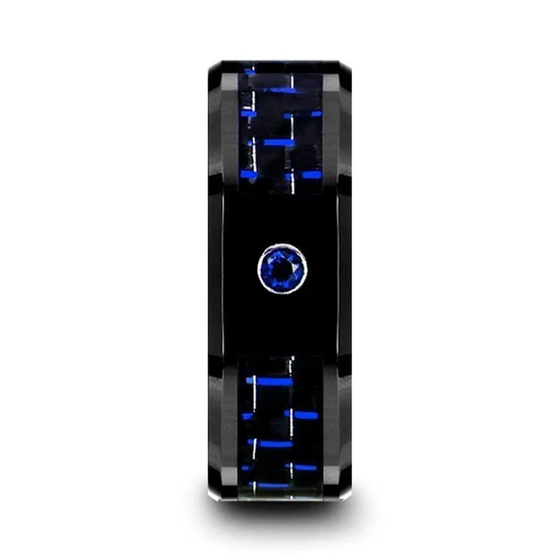Men's Ceramic Ring With Black & Blue Carbon Fiber And Blue Sapphire Setting - 8mm