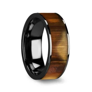Men's Flat Black Ceramic Wedding Band With Real Olive Wood Inlay 8mm