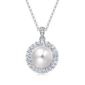 Molah Silver Freshwater Pearl and Cubic Zirconia Double Layer Halo Necklace