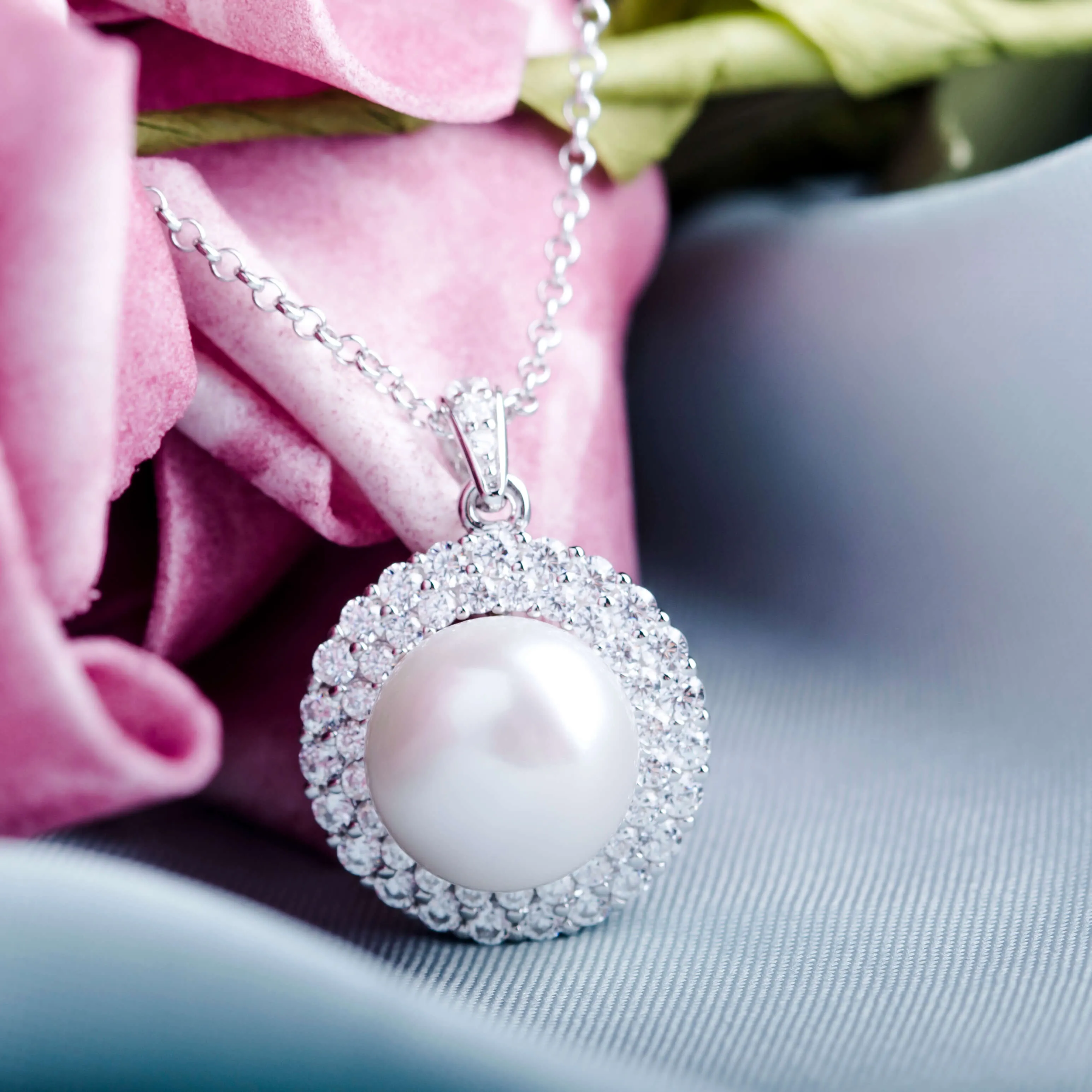 Molah Silver Freshwater Pearl and Cubic Zirconia Double Layer Halo Necklace