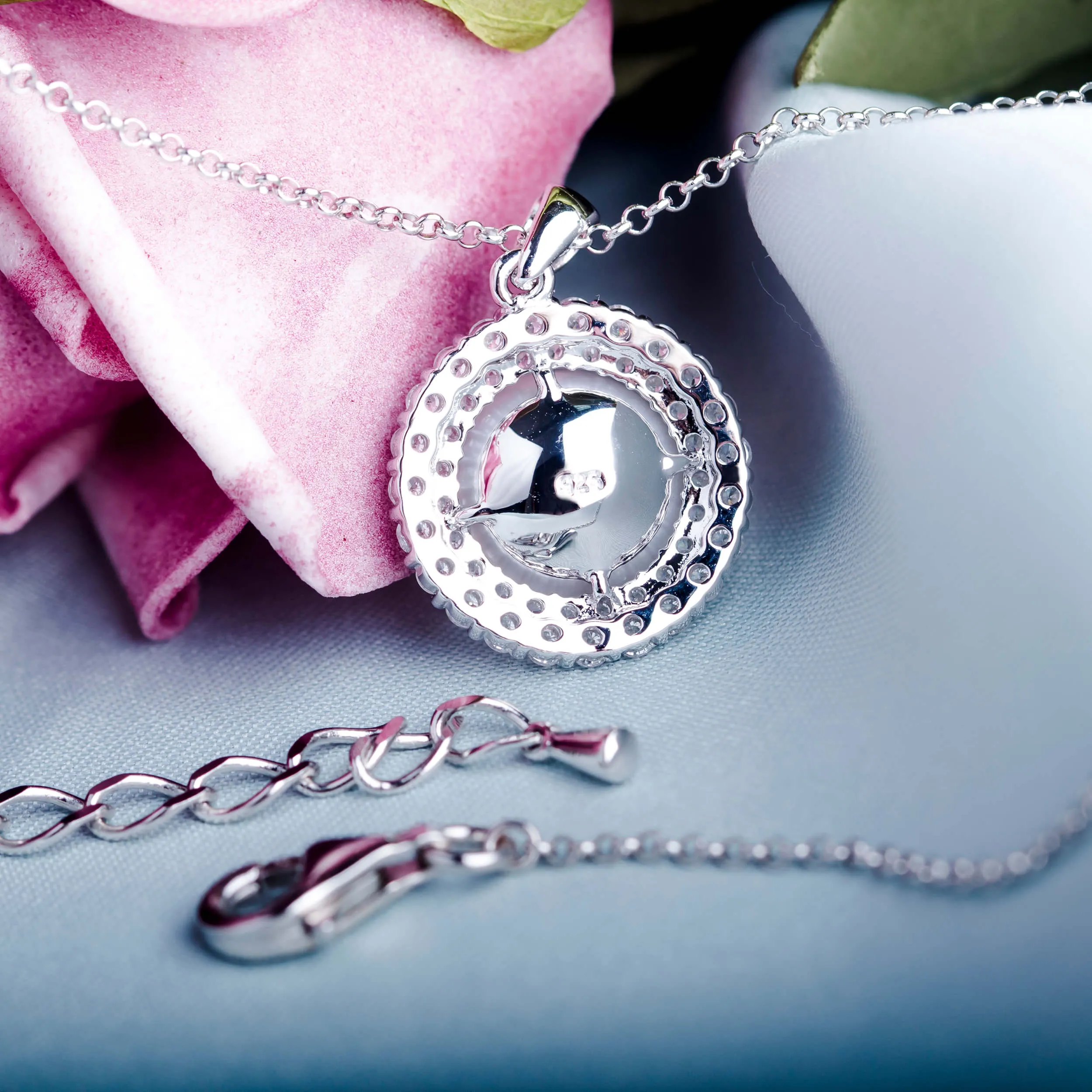 Molah Silver Freshwater Pearl and Cubic Zirconia Double Layer Halo Necklace