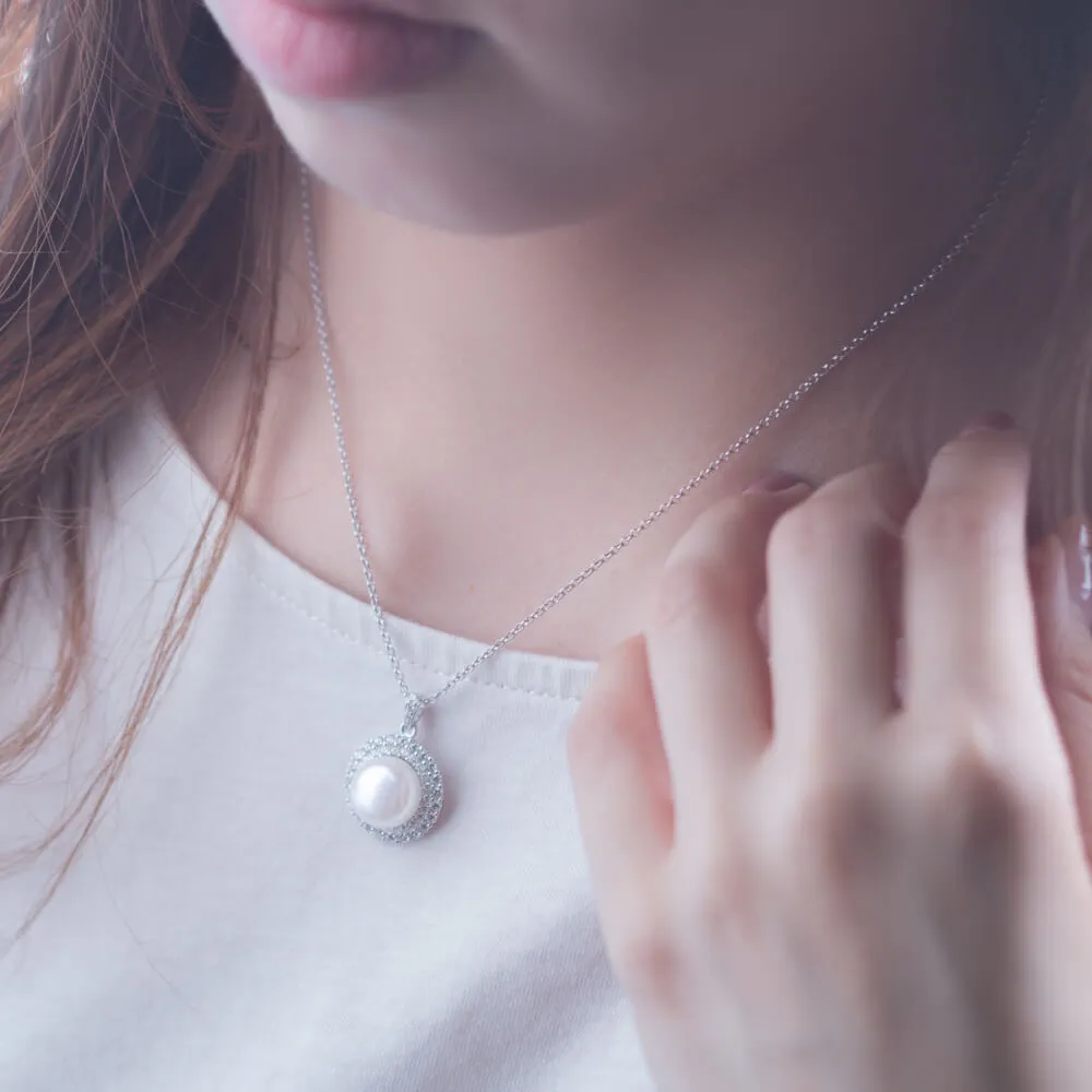 Molah Silver Freshwater Pearl and Cubic Zirconia Double Layer Halo Necklace