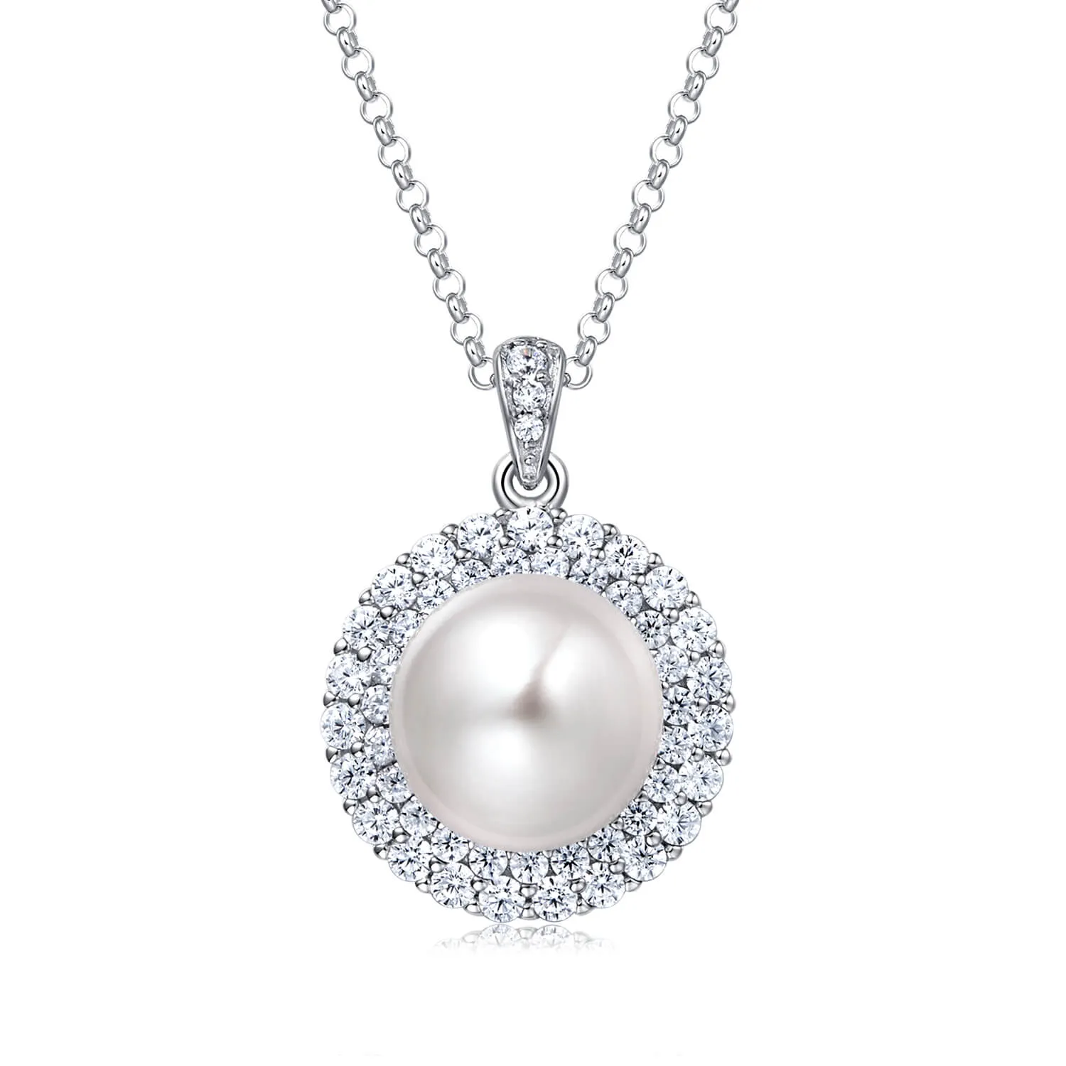 Molah Silver Freshwater Pearl and Cubic Zirconia Double Layer Halo Necklace