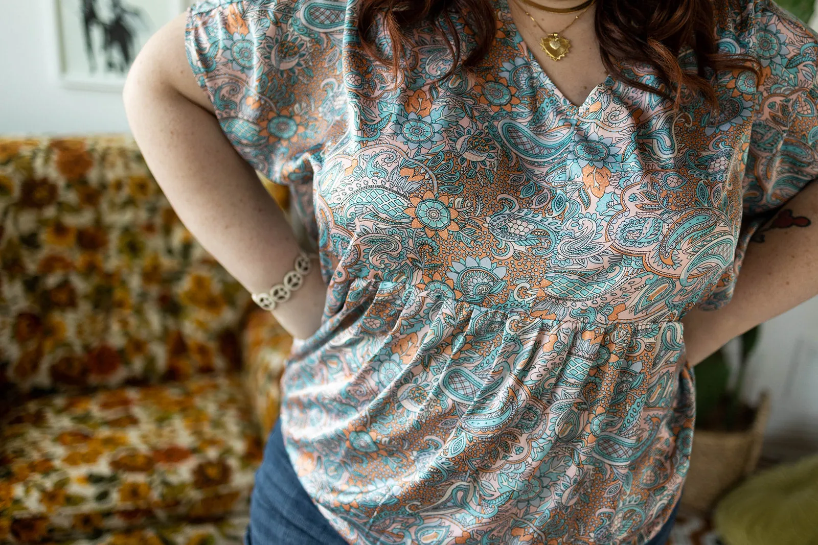 nannie top in blush blue paisley