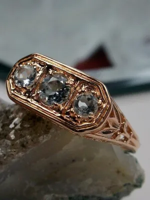 Natural Blue Topaz Ring, Rose Gold plated Sterling Silver Lily Leaf Filigree, Edwardian Jewelry #D197