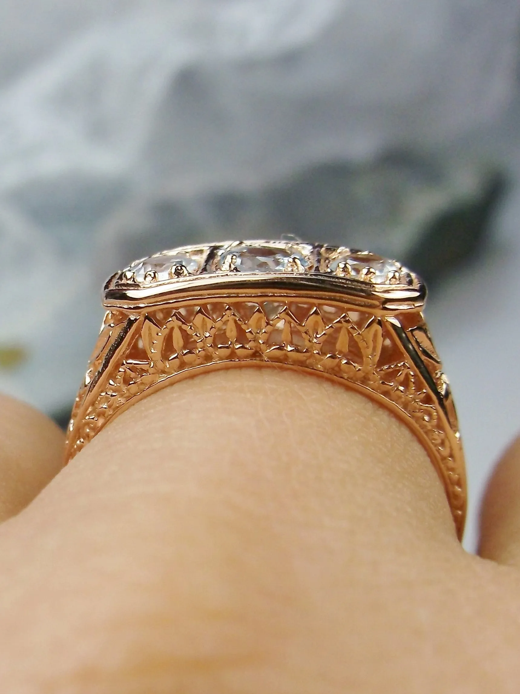 Natural Blue Topaz Ring, Rose Gold plated Sterling Silver Lily Leaf Filigree, Edwardian Jewelry #D197